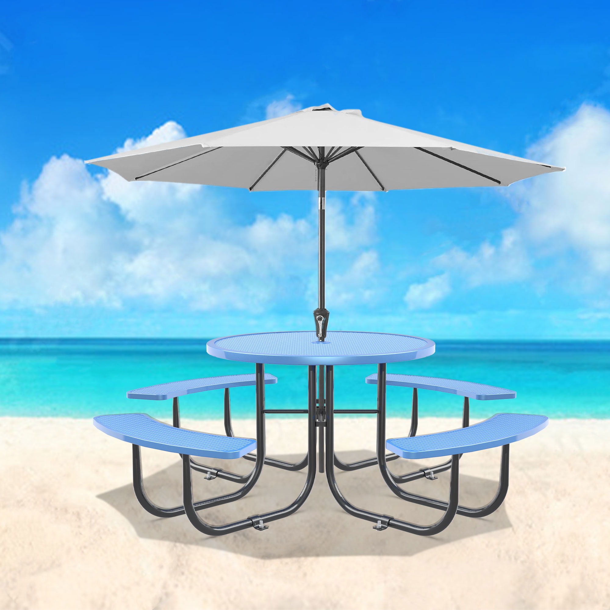 Round Outdoor Steel Picnic Table 46" With Umbrella Pole - Black