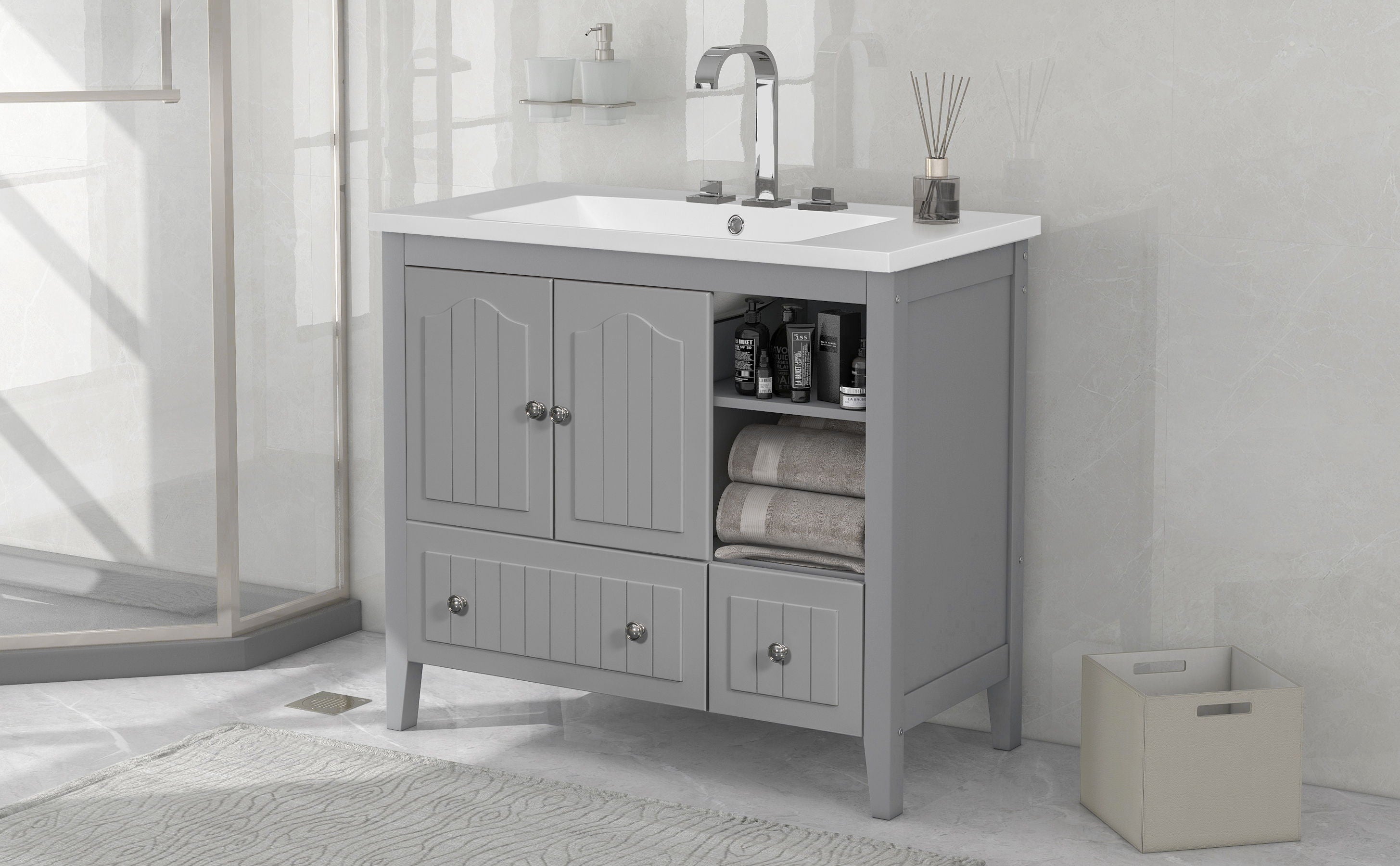 Bathroom Vanity With Ceramic Basin, Bathroom Storage Cabinet With Two Doors And Drawers, Solid Frame, Metal Handles