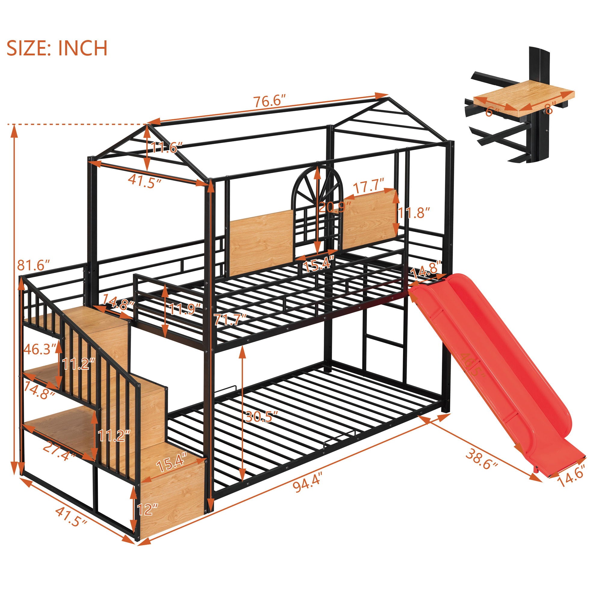 Metal Bunk Bed, Metal Housebed With Slide And Storage Stair