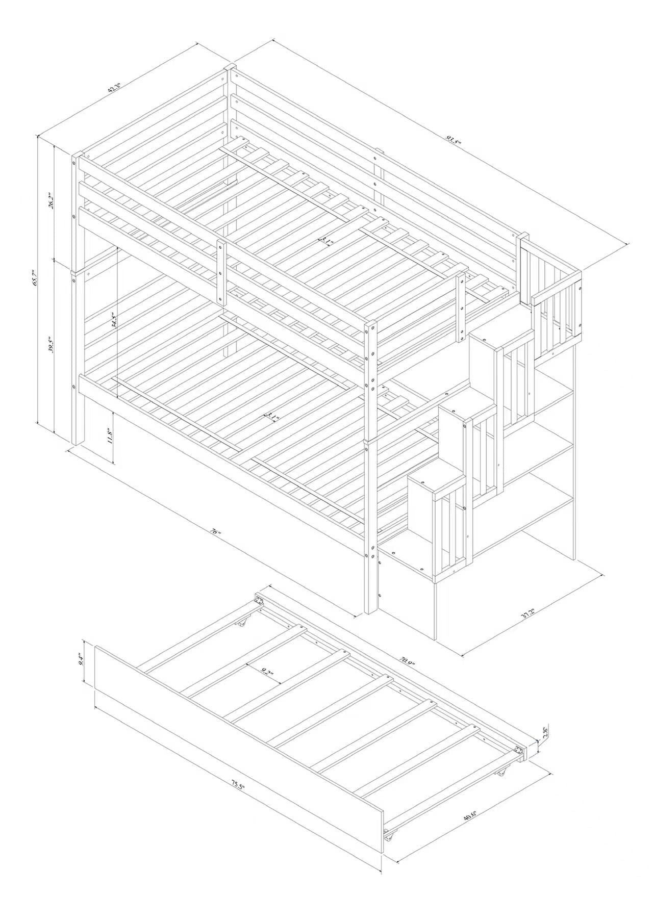 Twin Over Twin Bunk Beds With Twin Trundle And Stairway Storage Function