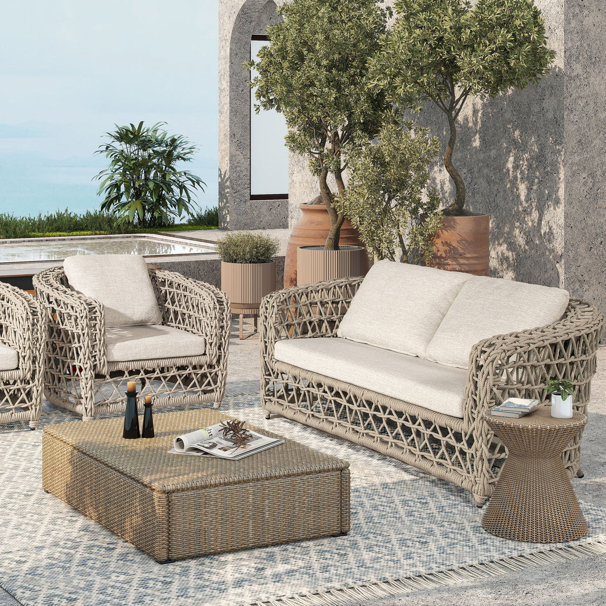 Everly - Frame Barrel Deep Seating Patio Loveseat Sofa Axroma Olefin - Oat Beige by Jennifer Taylor Home | Bel Furniture