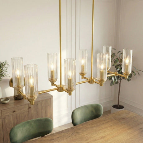 Willow - 8 Lights Island With Clear Ribbed Pendant Lamp Satin - Antique Brass / Clear / Gold - view 6