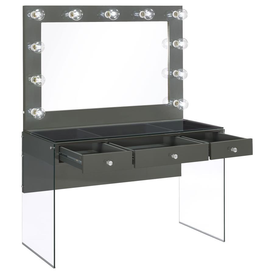 Afshan - 3-Drawer Vanity Set With Lighting - Gray High Gloss by CoasterEssence | Bel Furniture