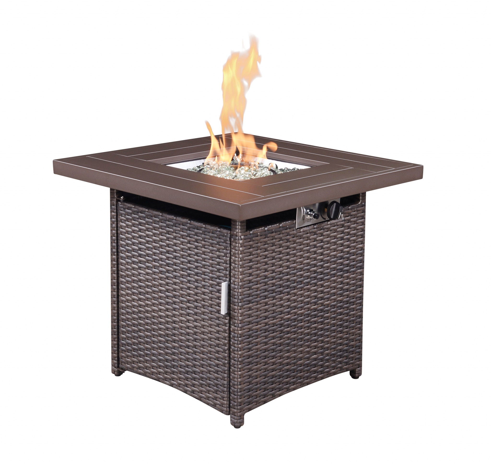 Faux Rattan Design Square Propane Fire Pit With Glass Bead Rocks - Brown