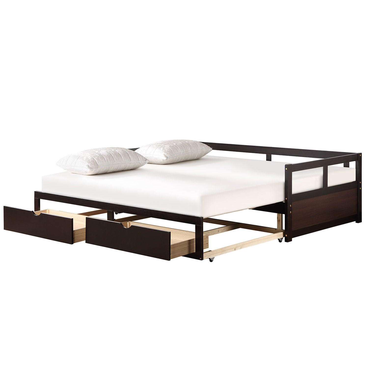 Wooden Daybed With Trundle Bed And Two Storage Drawers, Extendable Bed Daybed, Sofa Bed For Bedroom Living Room