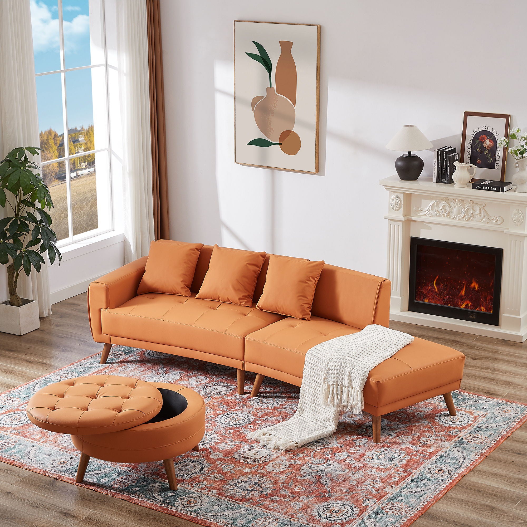 Contemporary Sofa Stylish Sofa Couch With A Round Storage Ottoman And Three Removable Pillows For Living Room