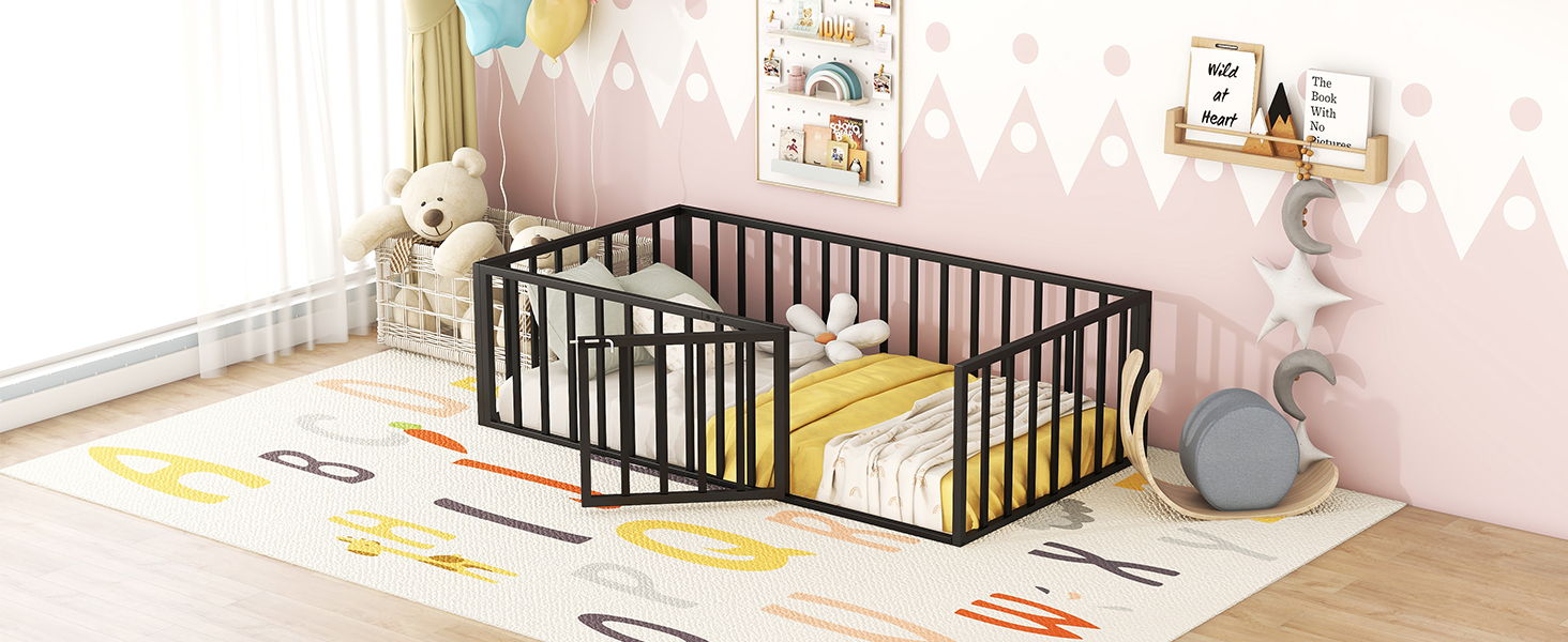 Metal Floor Bed Frame With Fence And Door - Black