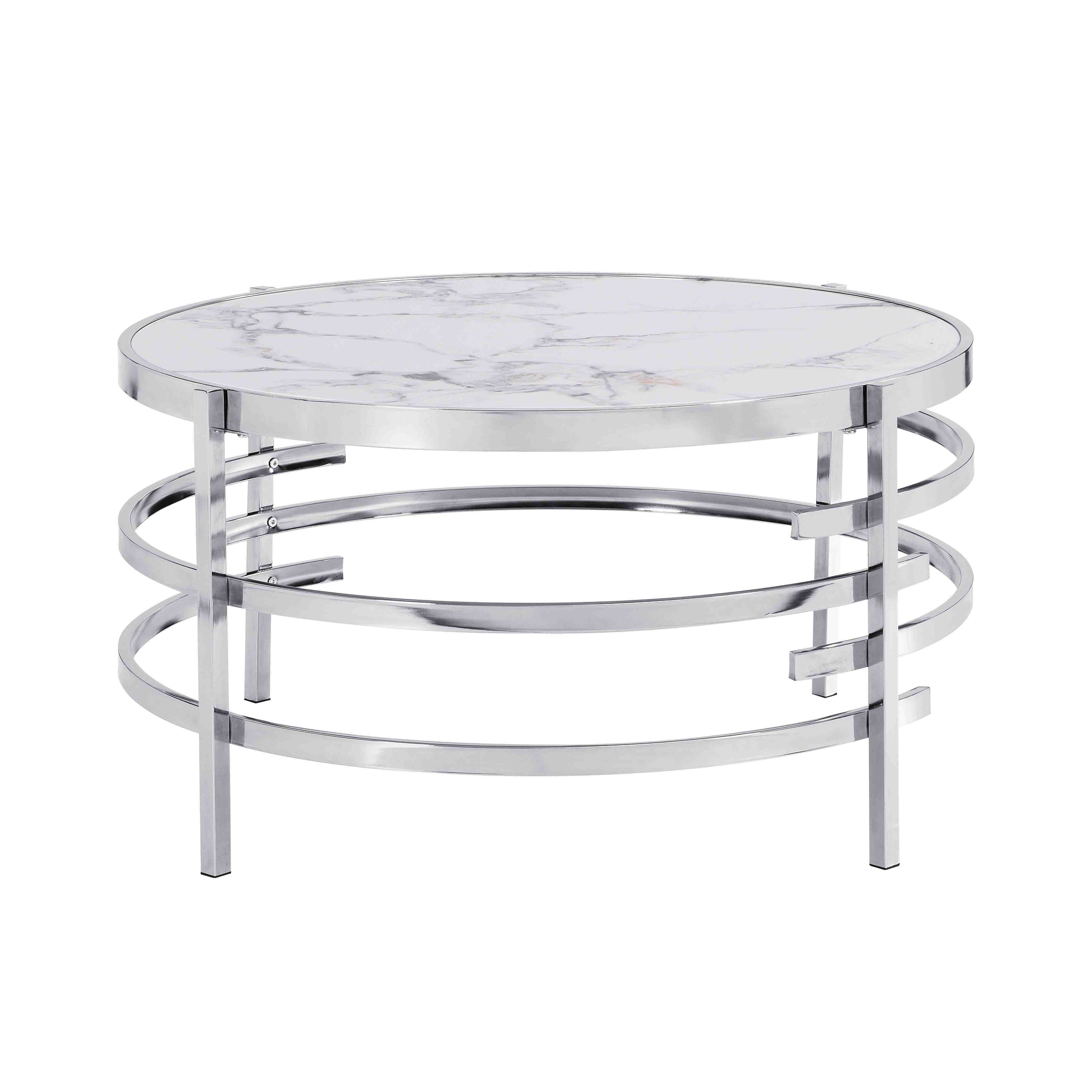 32.48'' Chrome Round Coffee Table With Sintered Stone Top & Sturdy Metal Frame, Modern Coffee Table For Living Room - Silver