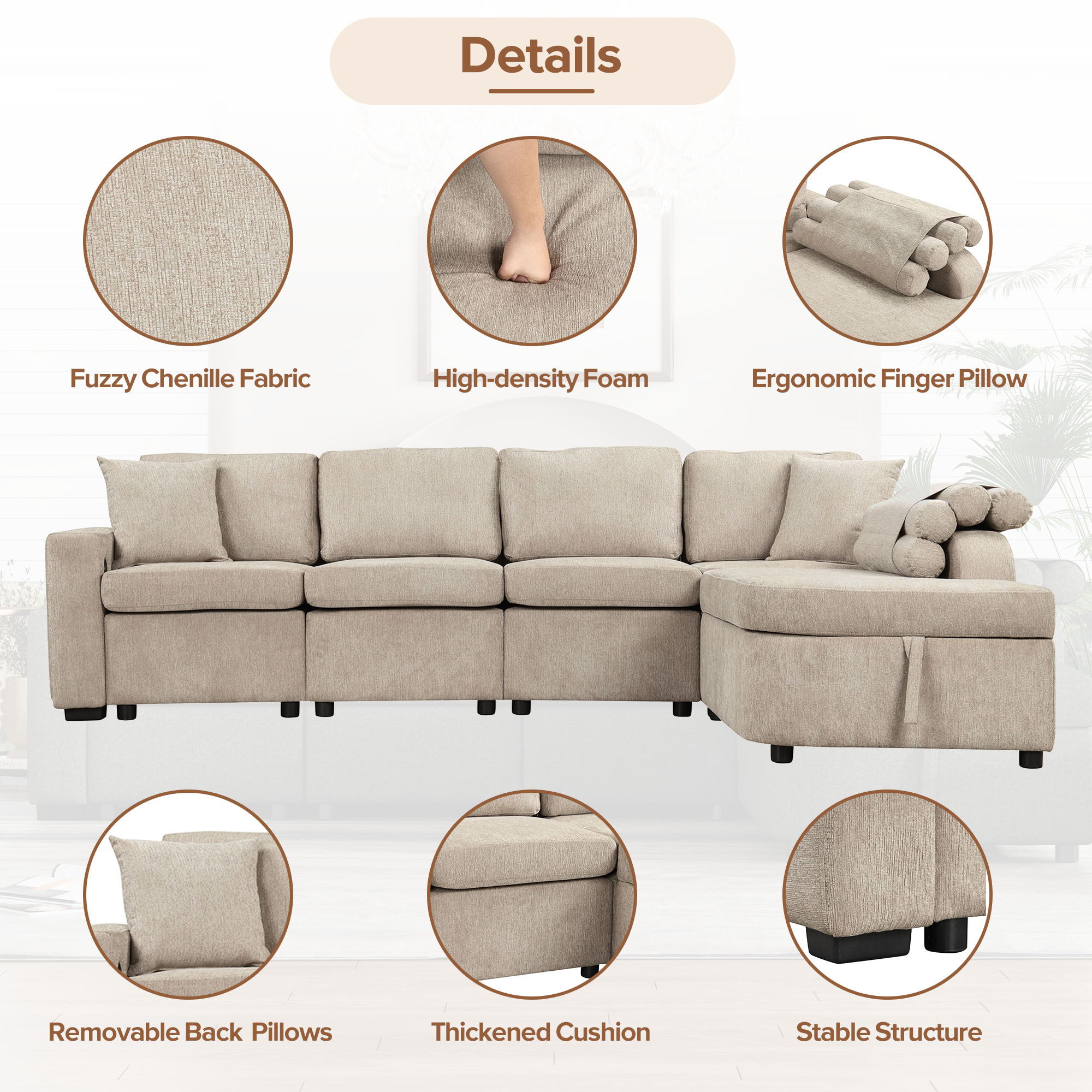 L-Shaped Couch Sectional Sofa With Storage Chaise, Cup Holder And USB Ports For Living Room