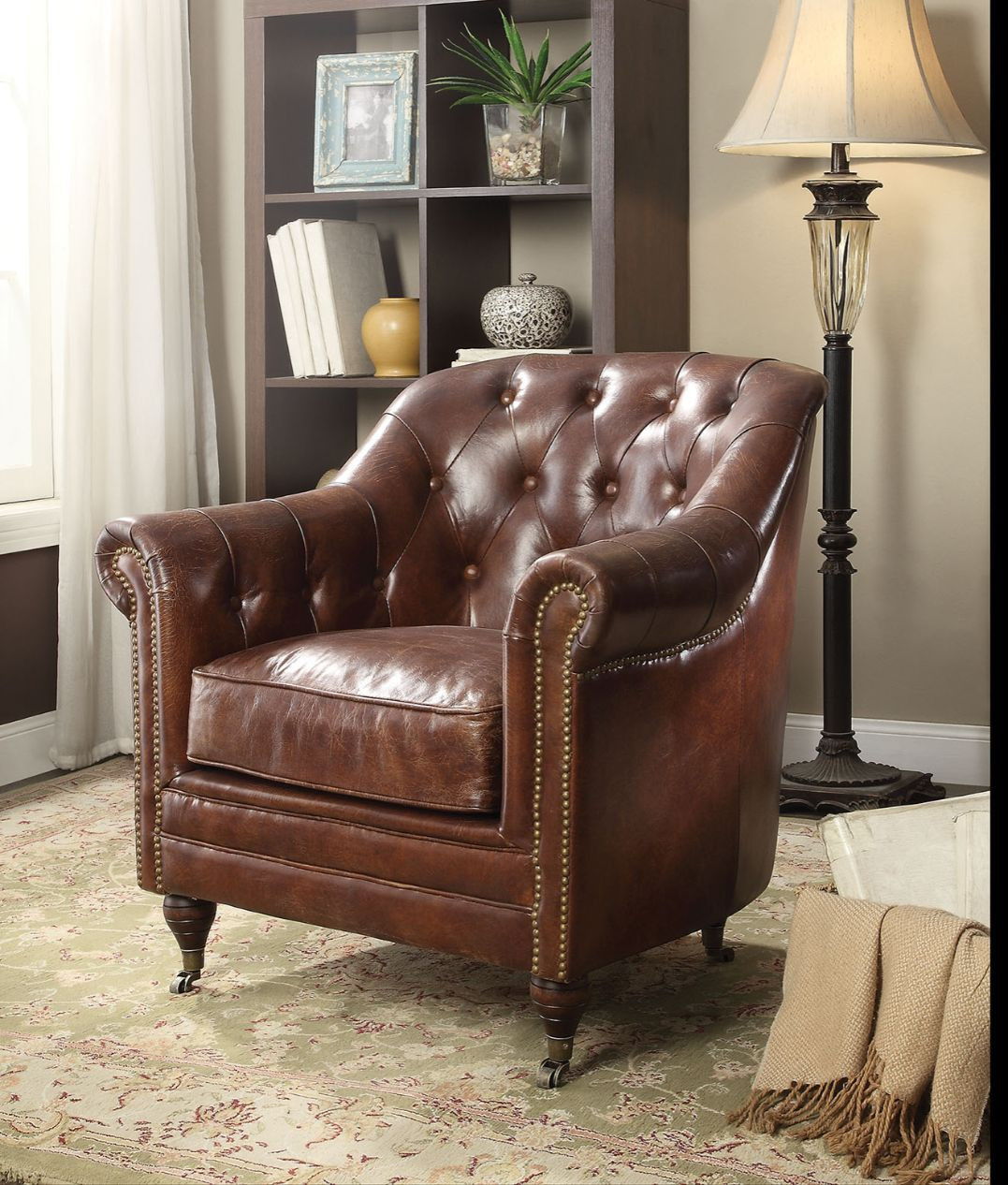 Top Grain Leather Tufted Chesterfield Chair - Brown