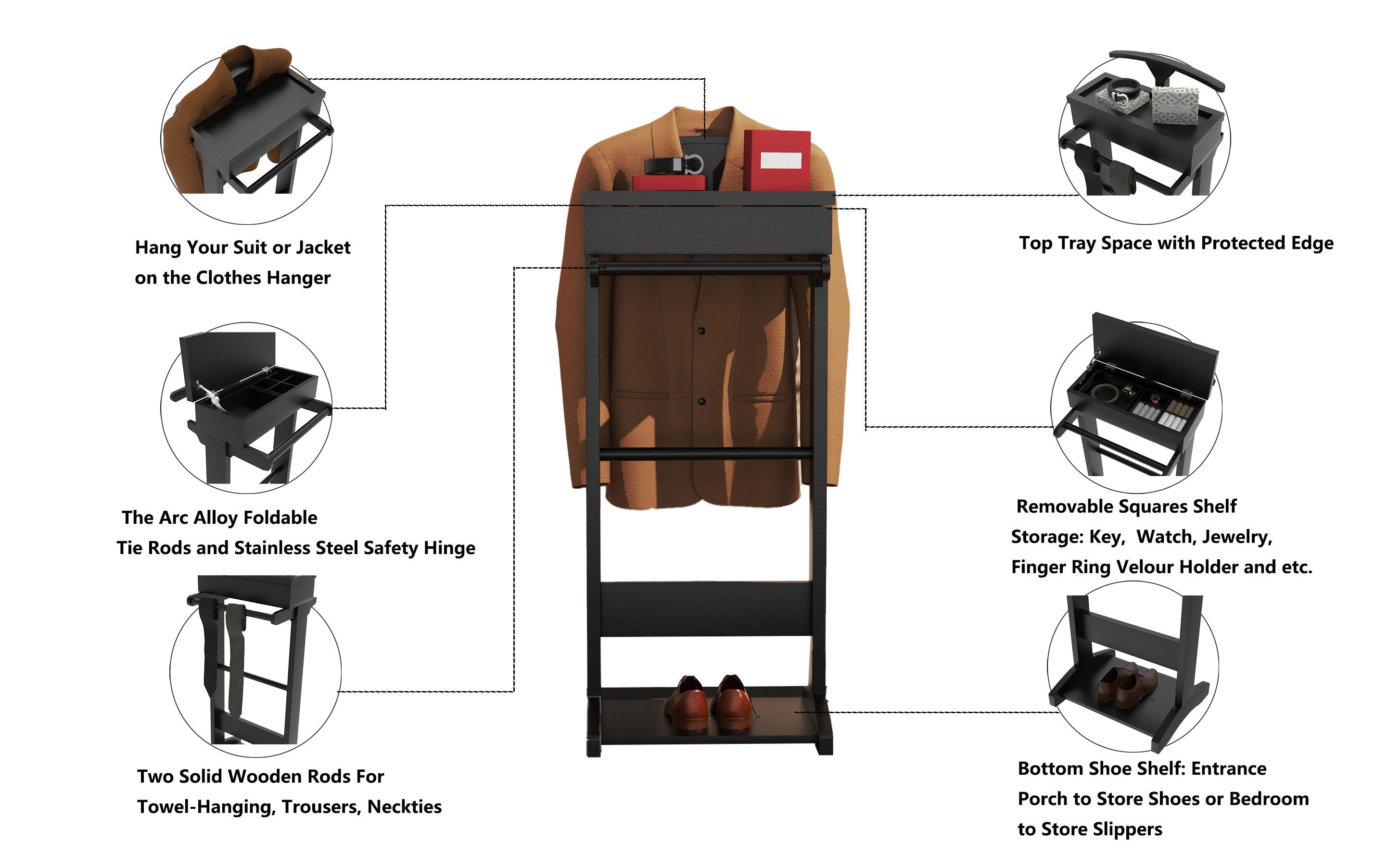 Portable Garment Rack, Clothes Valet Stand With Storage Organizer