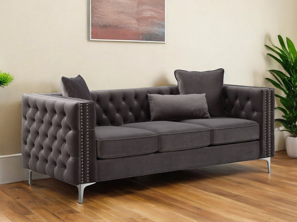 Velvet Sofa With Silver Legs - Dark Gray