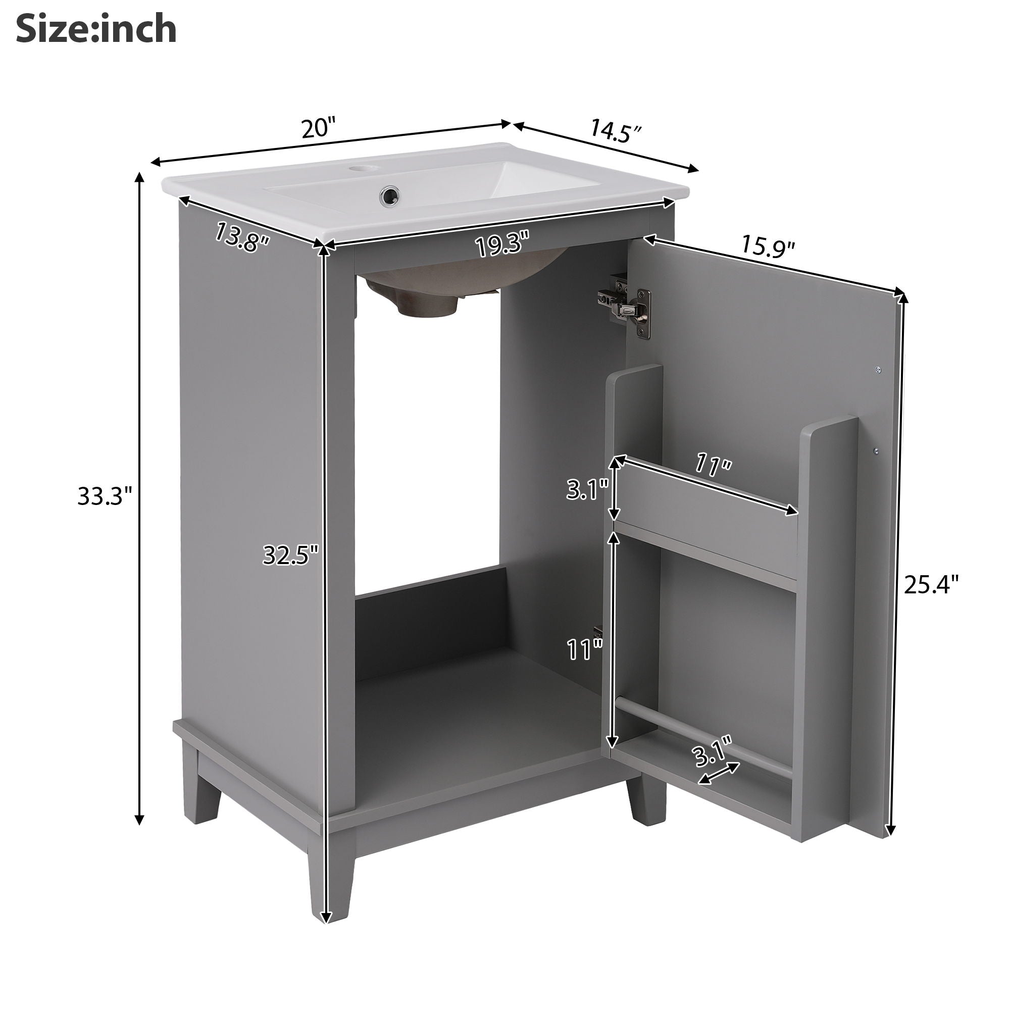 Modern Small Bathroom Vanity Cabinet With Ceramic Basin, Ample Storage, 1 Soft Close Door