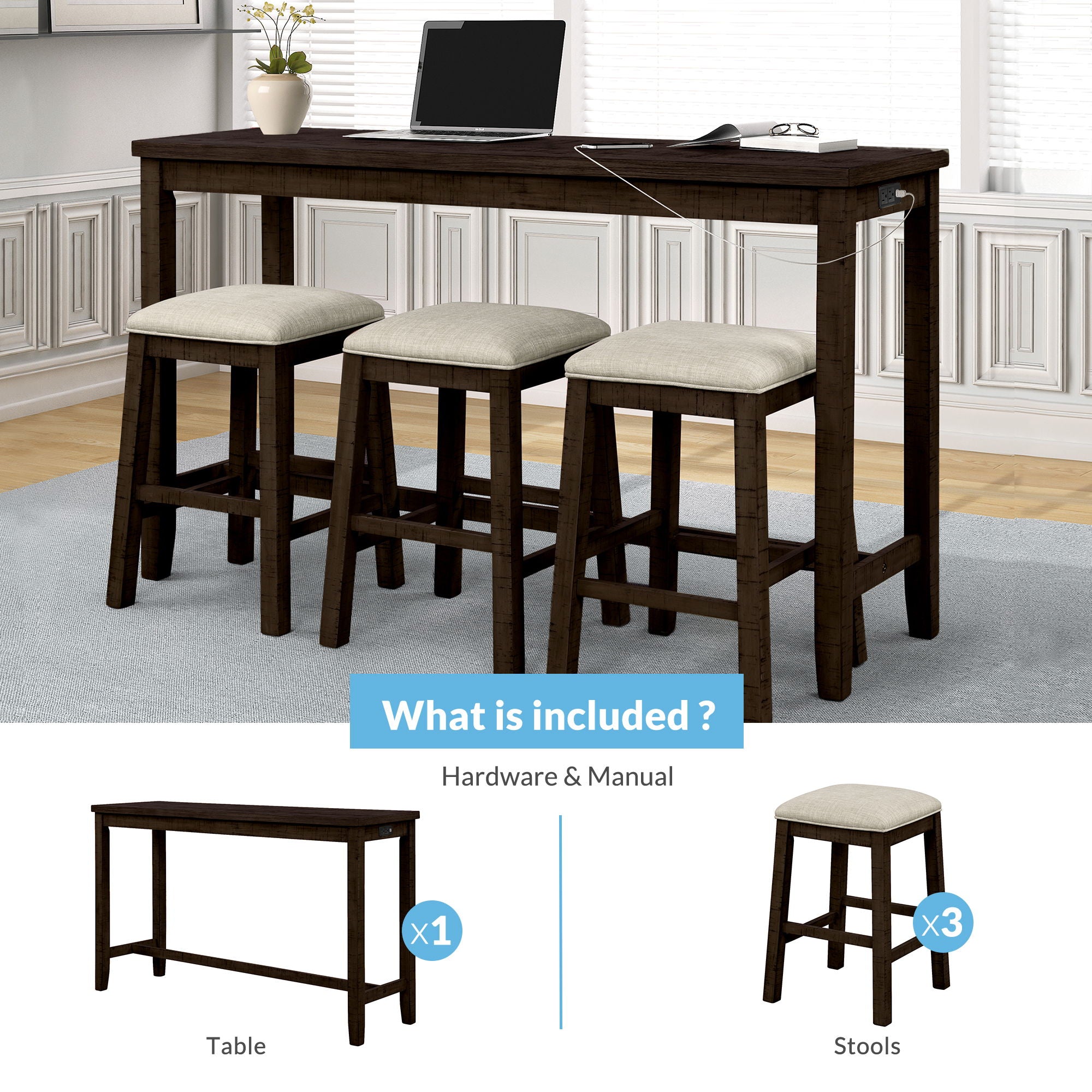 Topmax - 4 Pieces Counter Height Table With Fabric Padded Stools, Rustic Bar Dining Set With Socket