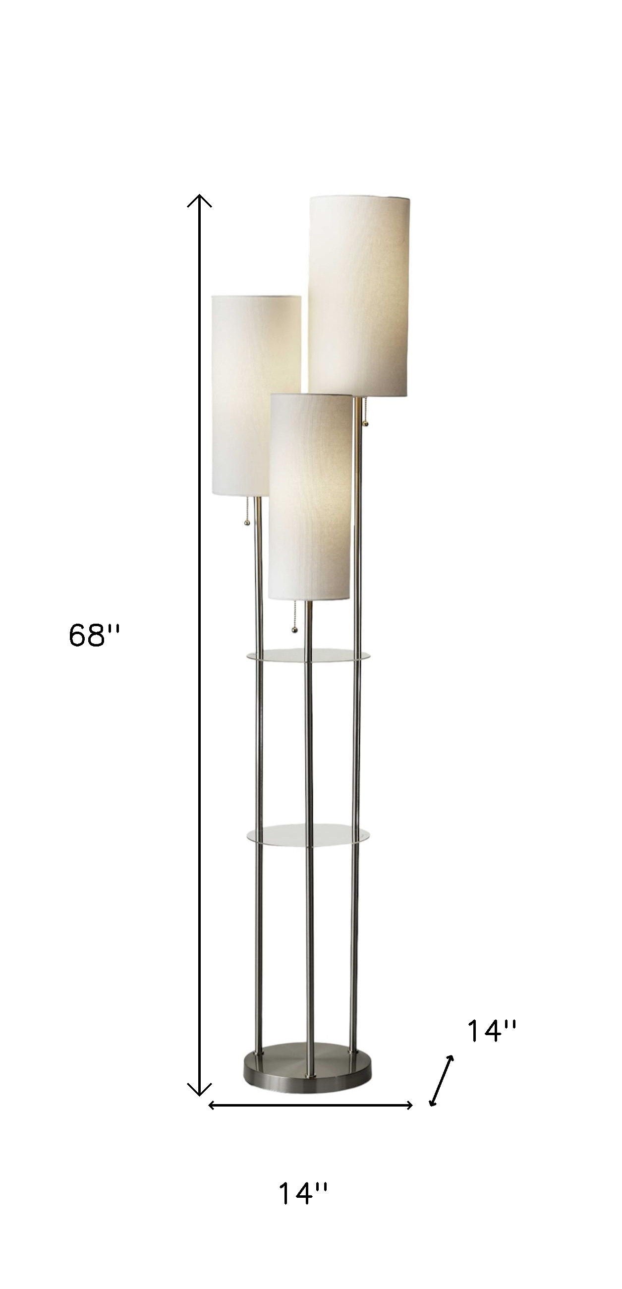 Steel Three Light Floor Lamp With Linen Cylinder Shades - White