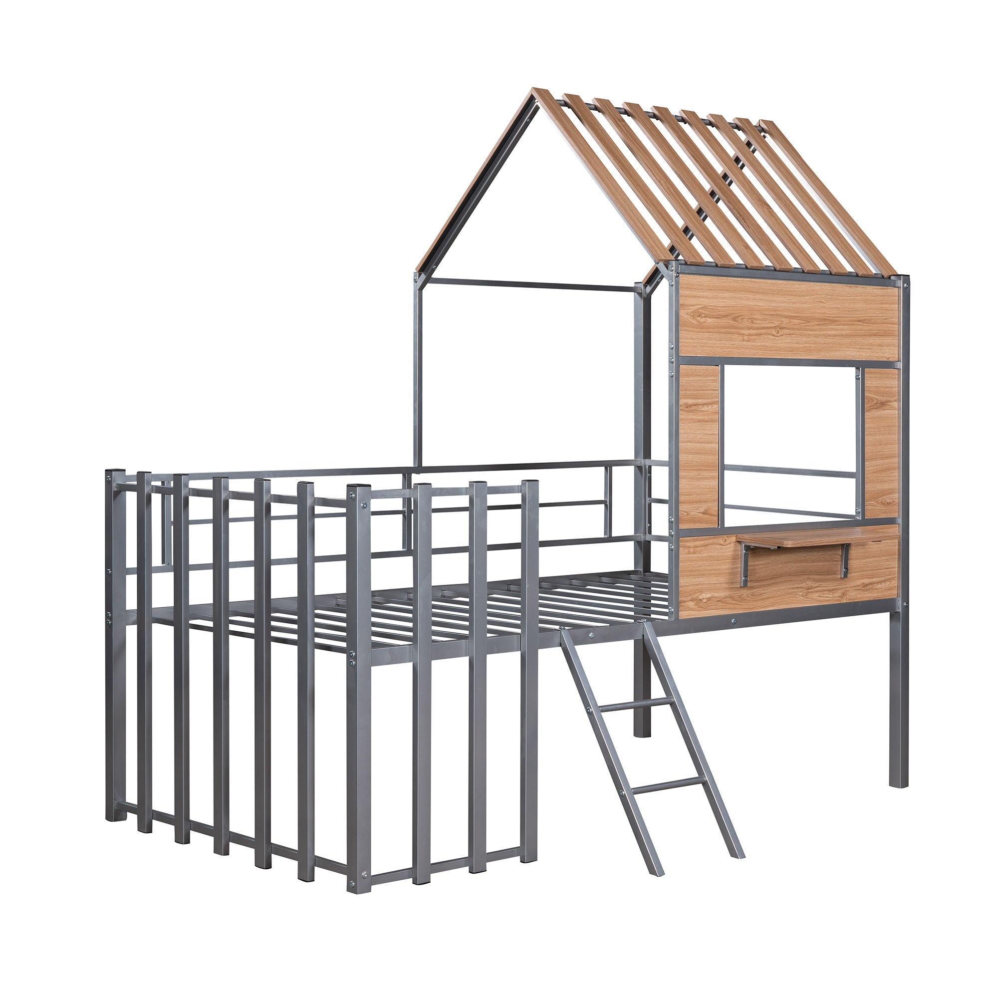 Twin Size Loft Bed With Roof, Window, Guardrail, Ladder