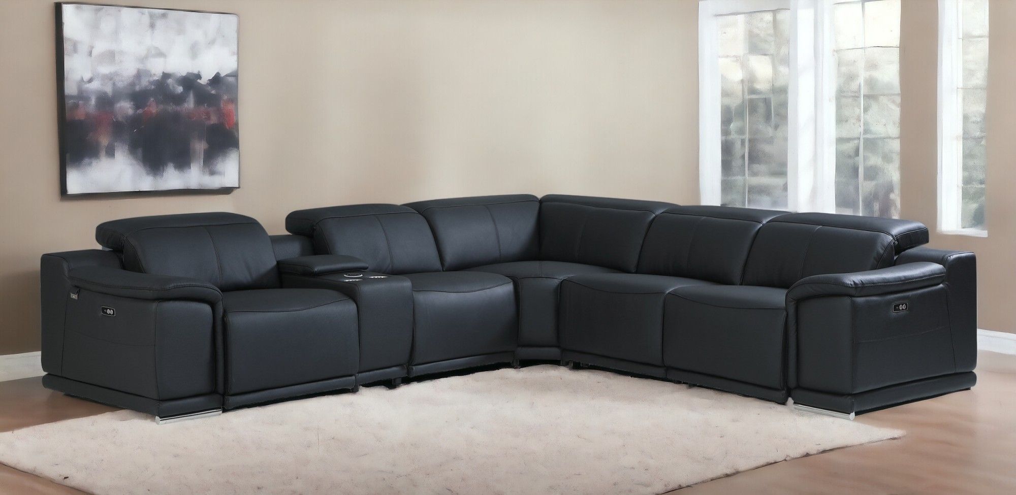 Italian Leather Power Reclining U Shaped Six Piece Corner Sectional With Console - Black