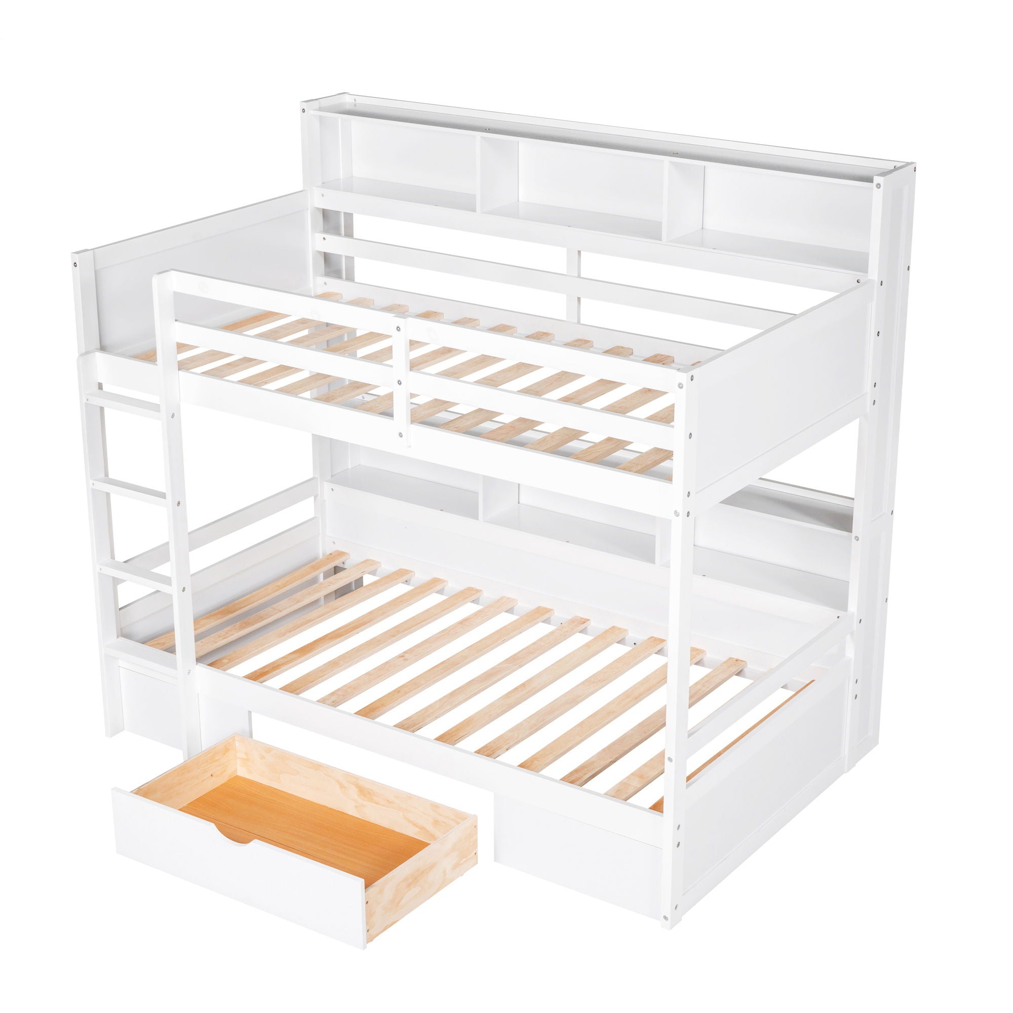 Twin Size Bunk Bed With Built-In Shelves Beside Both Upper And Down Bed And Storage Drawer