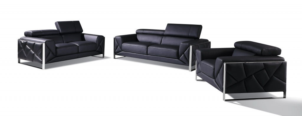 Three Piece Indoor Six Person Seating Set Italian Leather - Black