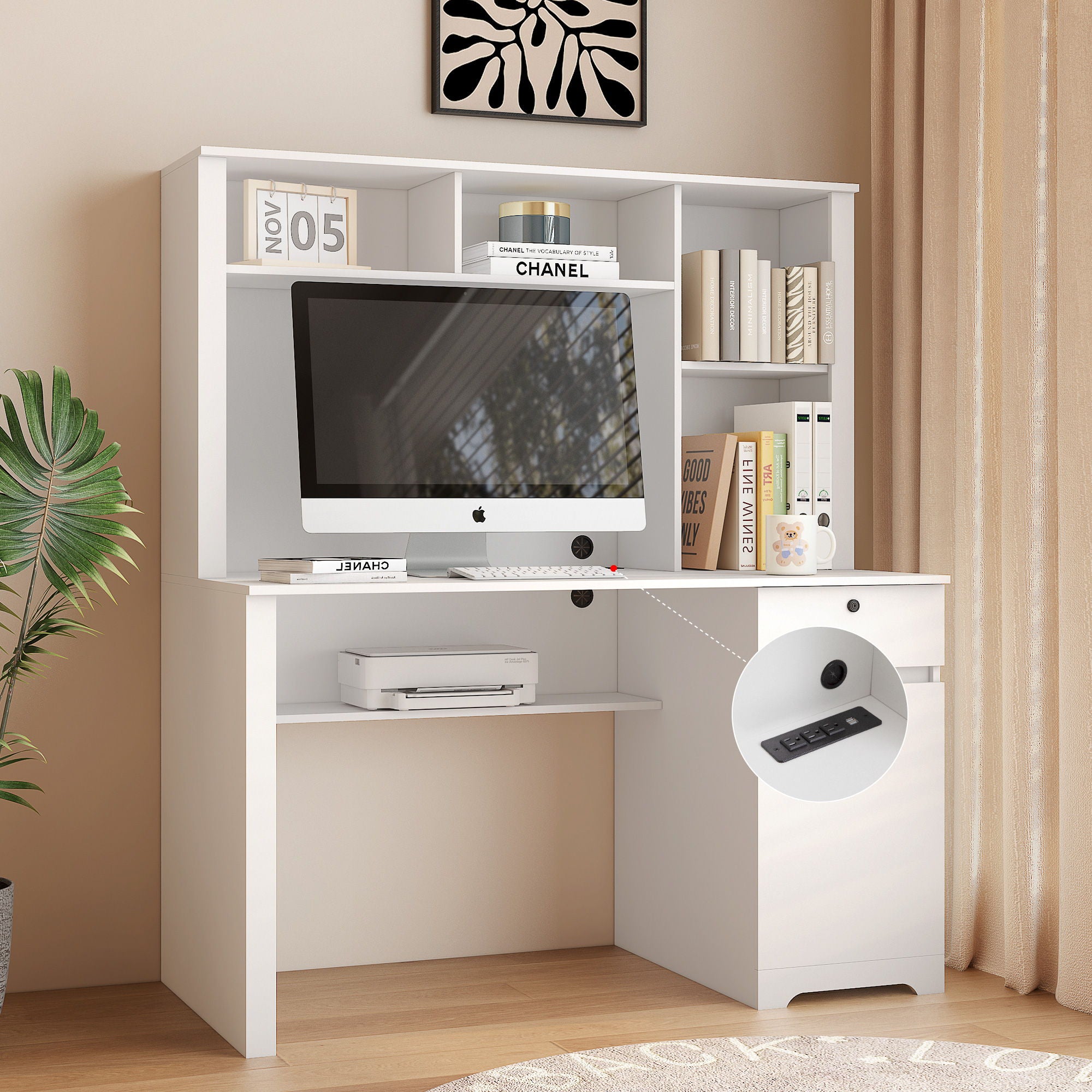 Computer Desk With Hutch & Bookshelf, Wood Executive Desk Teens Student Desk Writing Laptop Home Office Desk With Drawers, 3 Ac Outlets And 2 USB Charging Ports, Study Laptop Table For Home - White