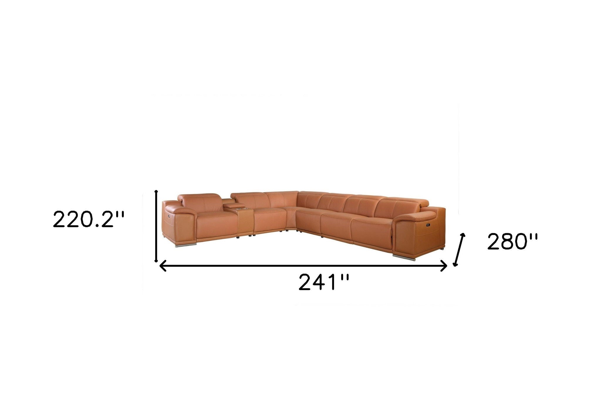 Italian Leather Power Reclining U Shaped Seven Piece Corner Sectional With Console - Camel