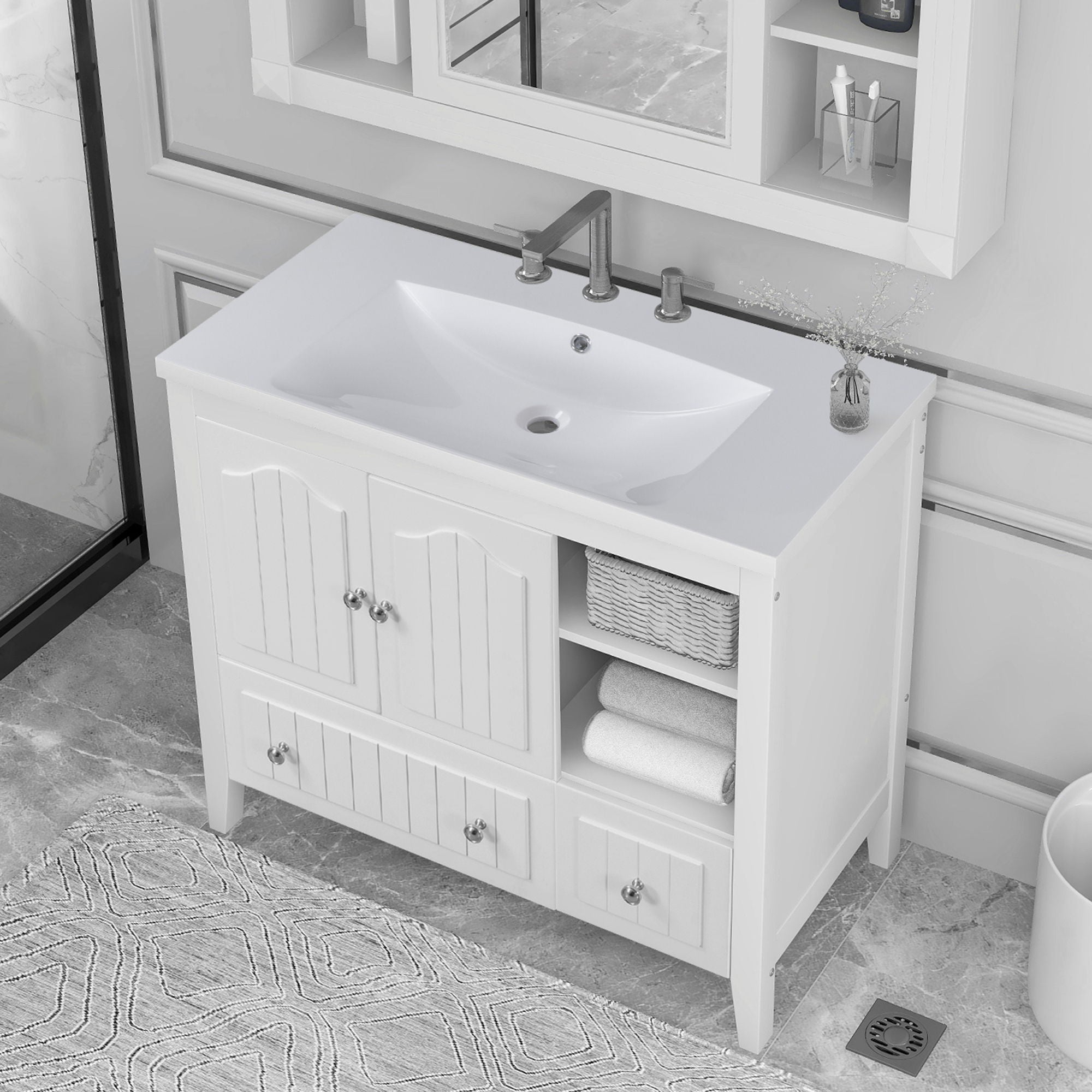 Bathroom Vanity With Ceramic Basin, Bathroom Storage Cabinet With Two Doors And Drawers, Solid Frame, Metal Handles