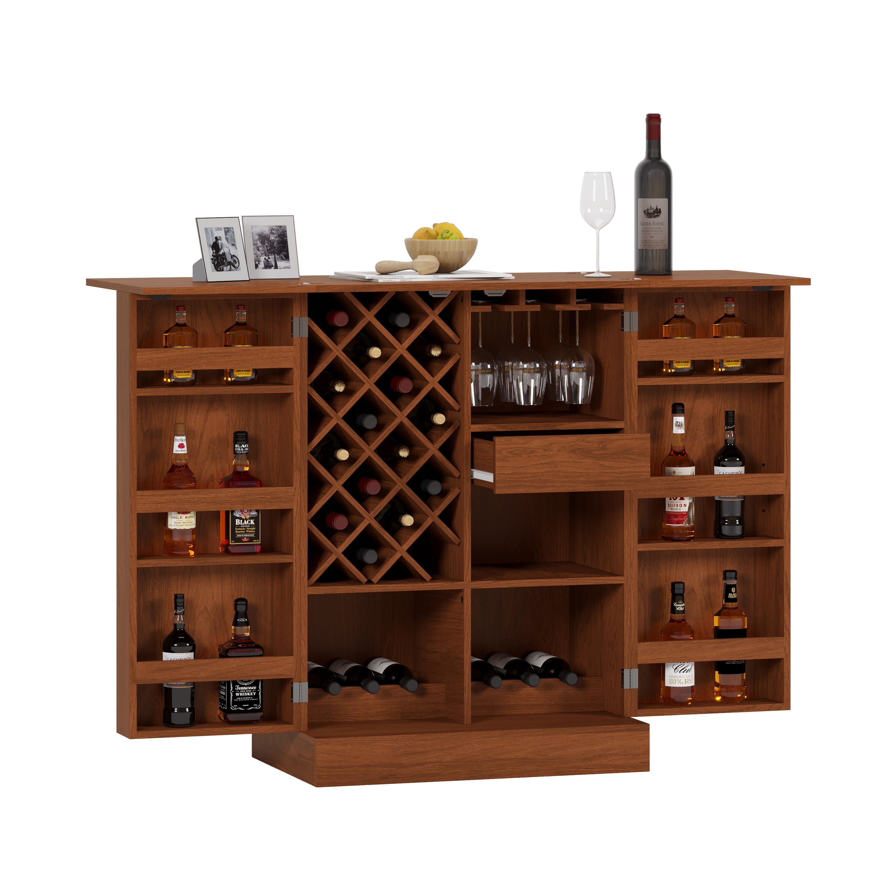 Home Bar Cabinet, Industrial Rattan Door Fold Out Bar Cabinet With Storage Bar Table - Walnut