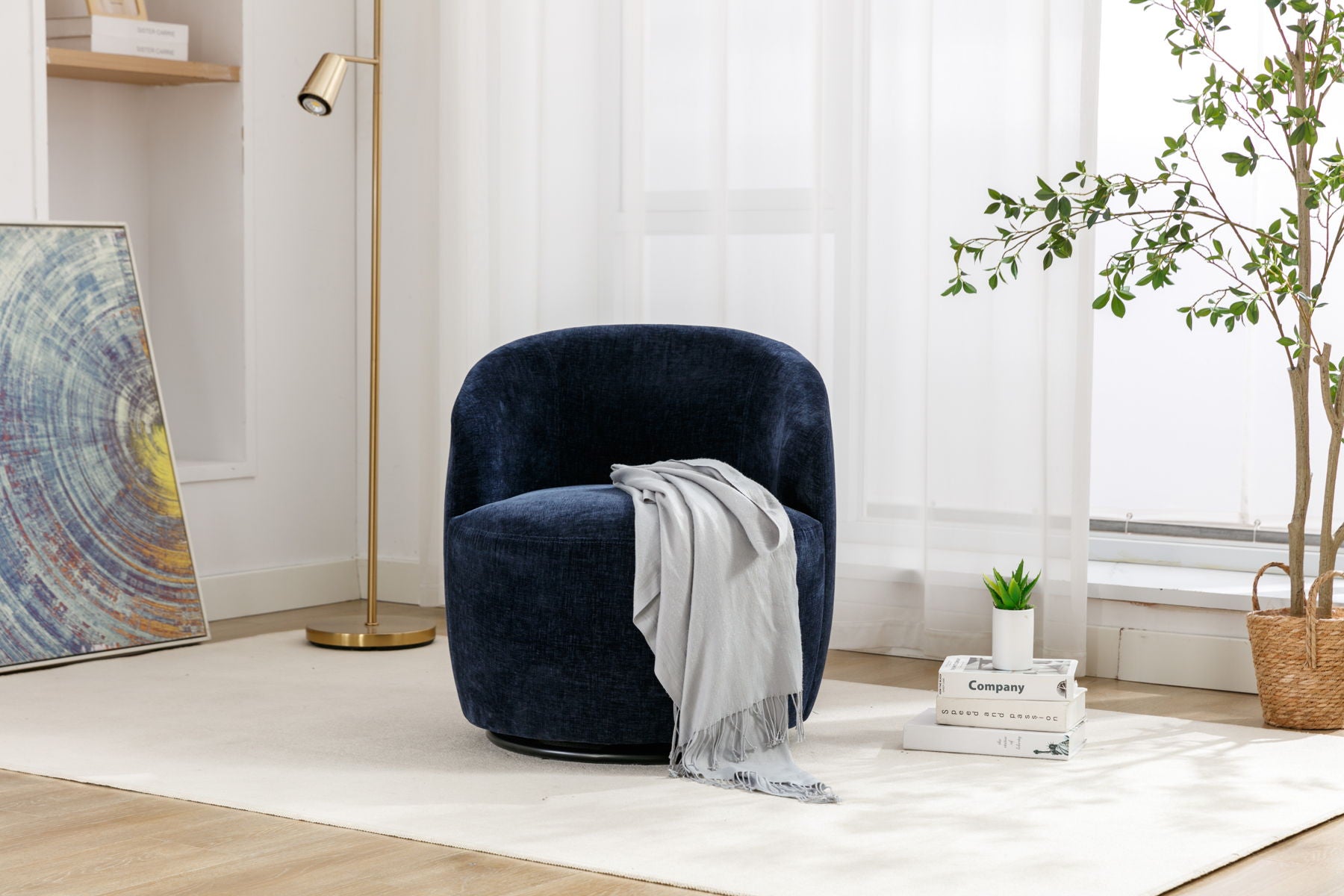 Chenille Fabric Swivel Accent Armchair Barrel Chair With Powder Coating Metal Ring