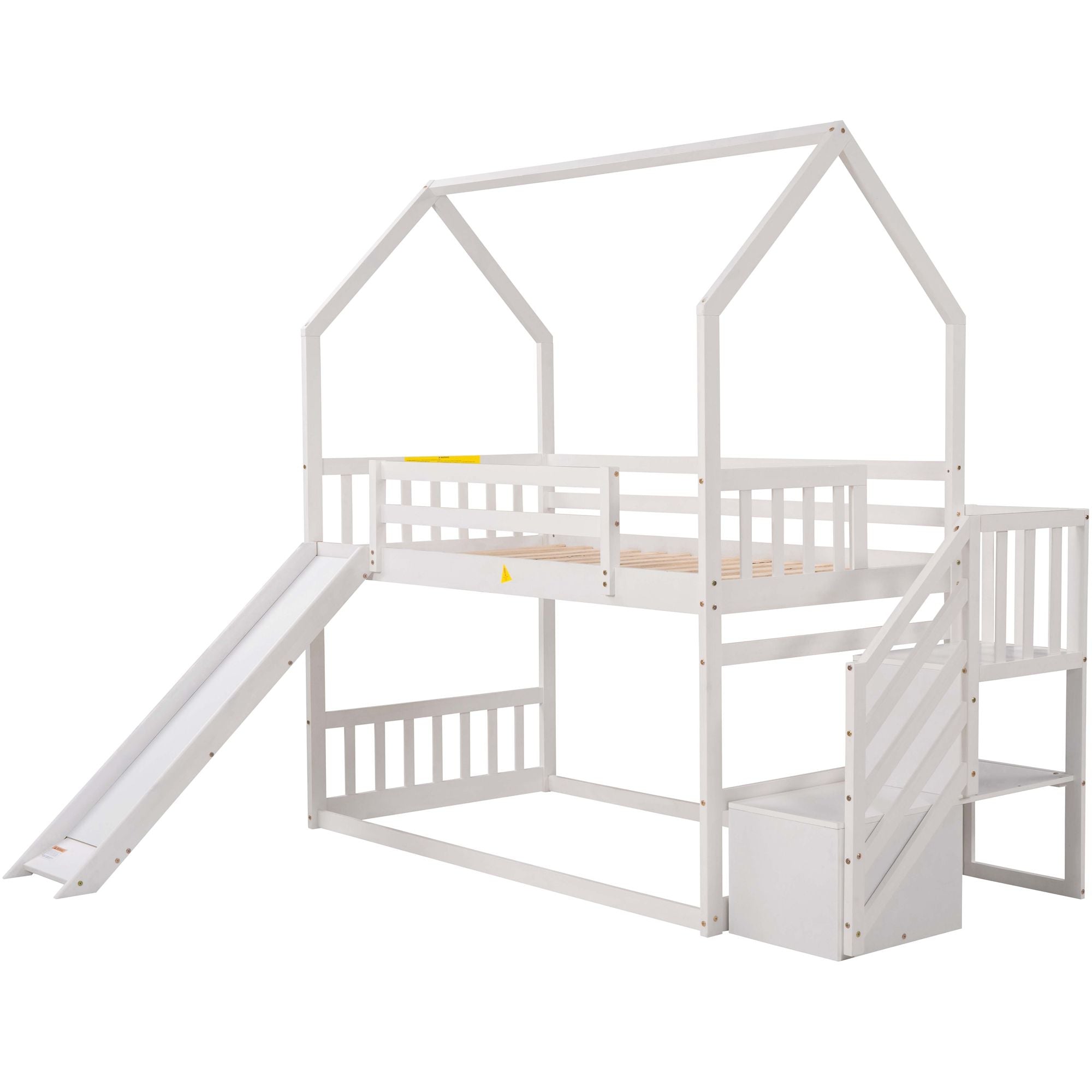 Twin Over Twin House Bunk Bed With Convertible Slide, Storage Staircase