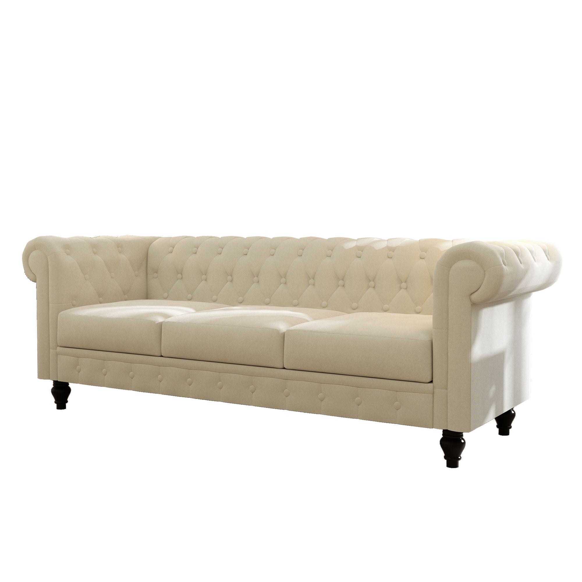 Chesterfield Sofa, 3-Seater Plush Fabric With Tufted Buttons And Wooden Legs, Classic Design - Beige