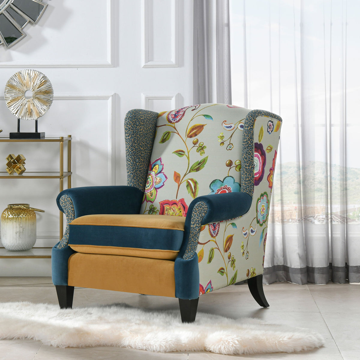 Anya - Boho Chic Wingback Accent Arm Chair - Floral / Leopard / Blue Teal / Yellow Gold by Jennifer Taylor Home | Bel Furniture