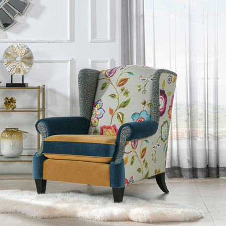 Anya - Boho Chic Wingback Accent Arm Chair - Floral / Leopard / Blue Teal / Yellow Gold by Jennifer Taylor Home | Bel Furniture