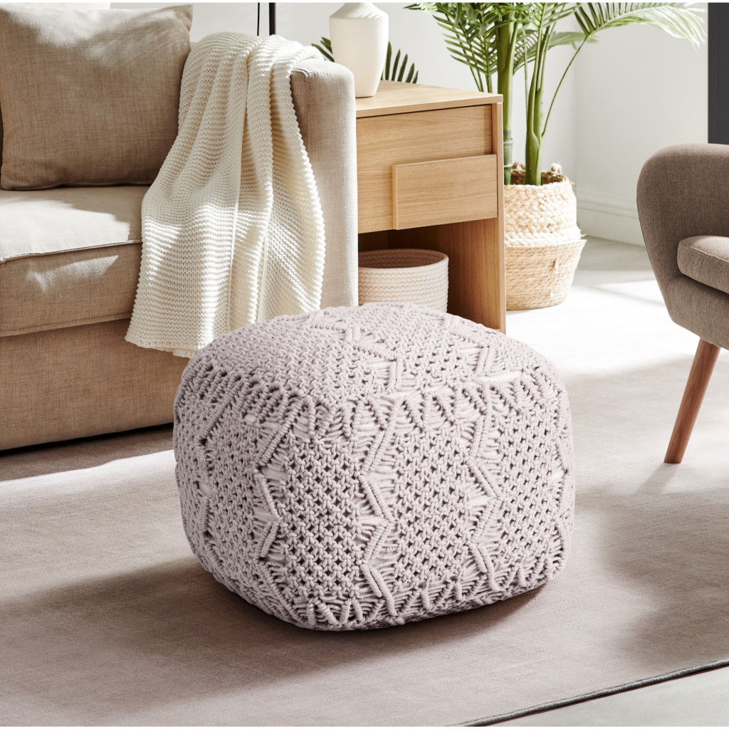 Cotton Blend Pouf Ottoman - White