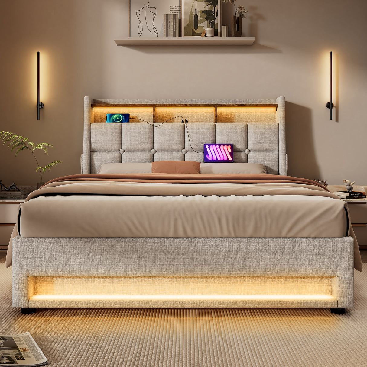 Platform Bed With Hydraulic Storage, LED Lighting & Charging Station