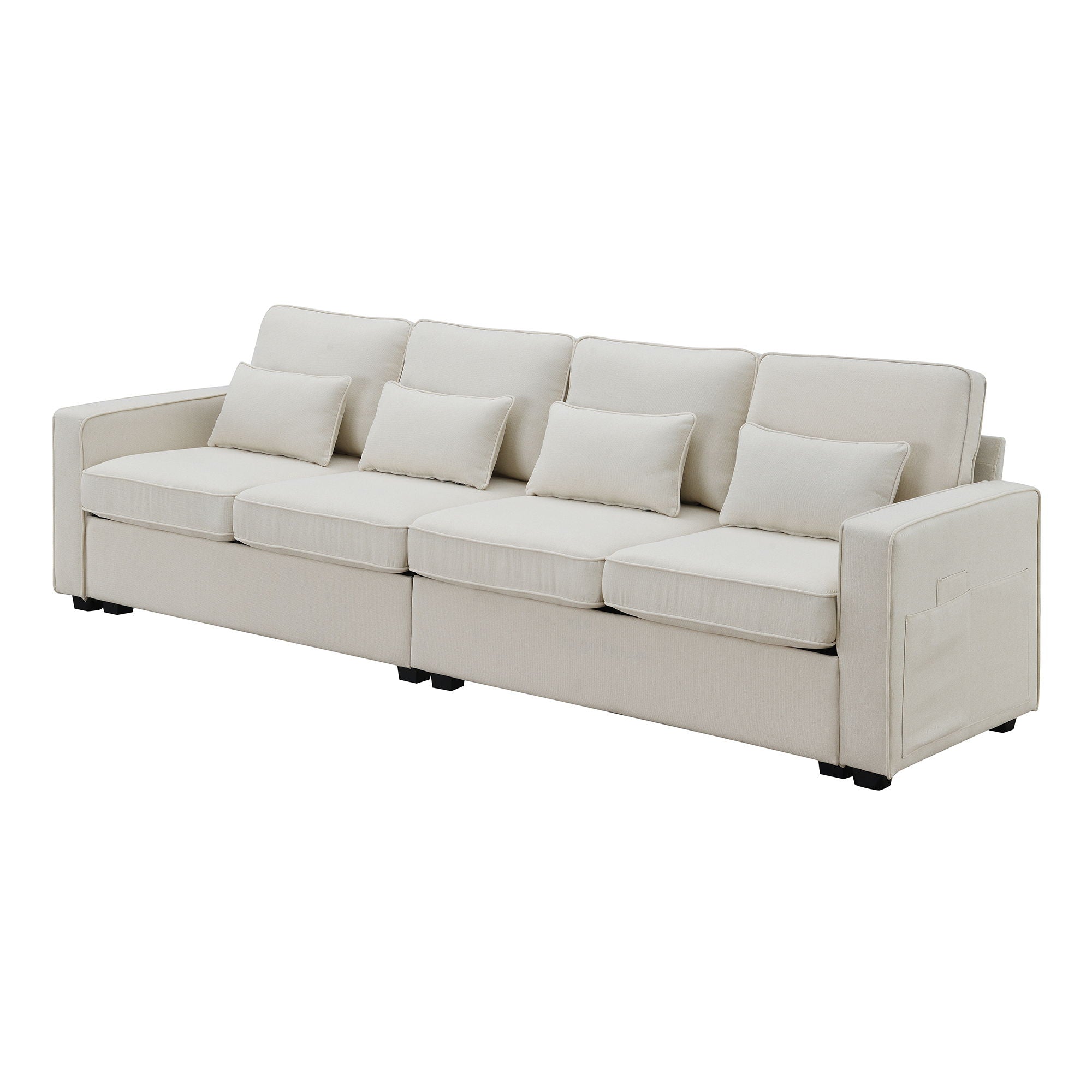 4 Seater Modern Linen Sofa With Armrest Pockets And 4 Pillows, Minimalist Style Couch For Living Room