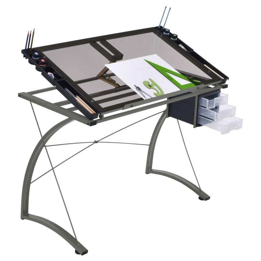 Melo - Glass Top DRAFting Table With Storage - Silver by CoasterEveryday | Bel Furniture