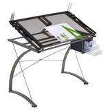 Melo - Glass Top DRAFting Table With Storage - Silver by CoasterEveryday | Bel Furniture