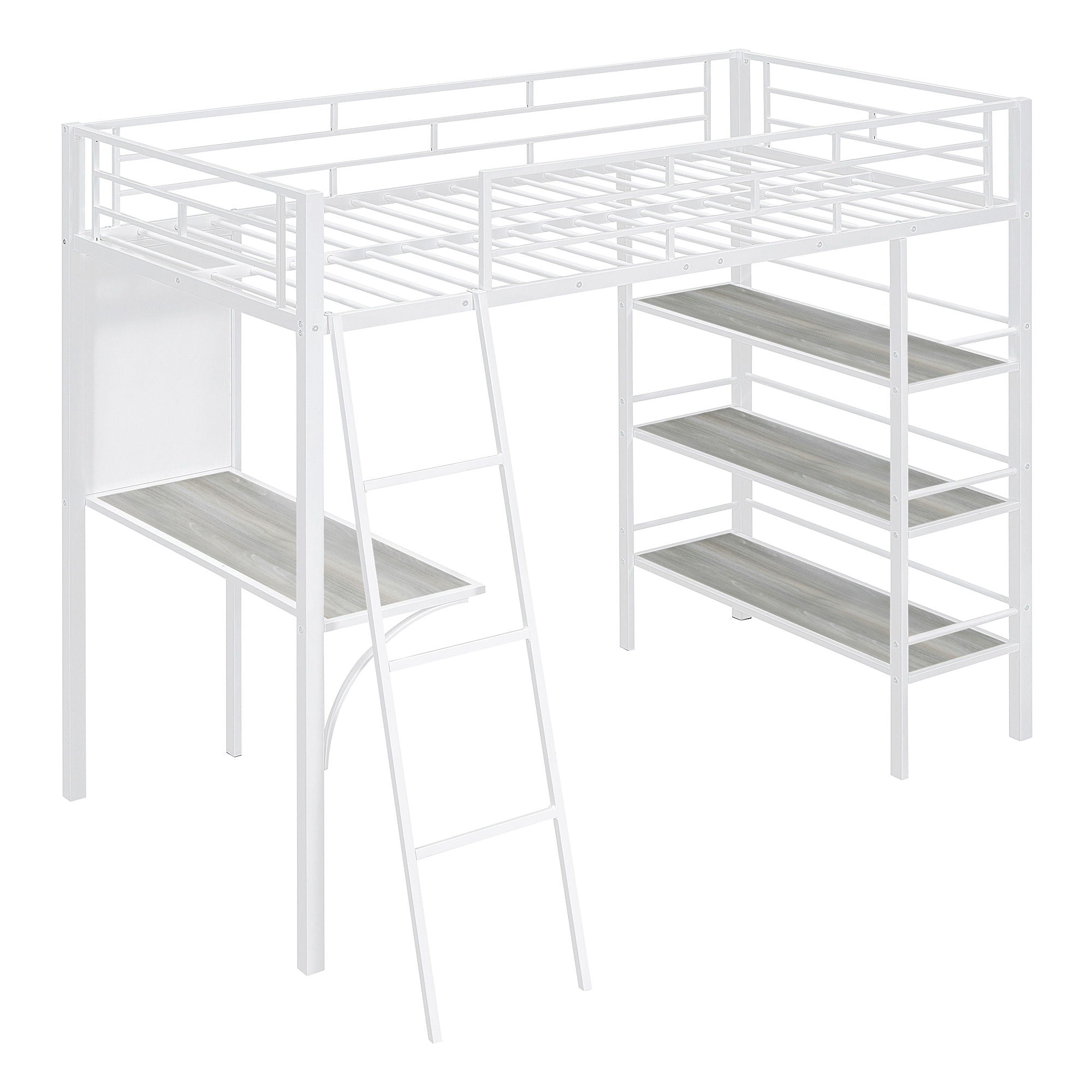 Loft Metal Bed With 3 Layers Of Shelves And Desk, Stylish Metal Frame Bed With Whiteboard