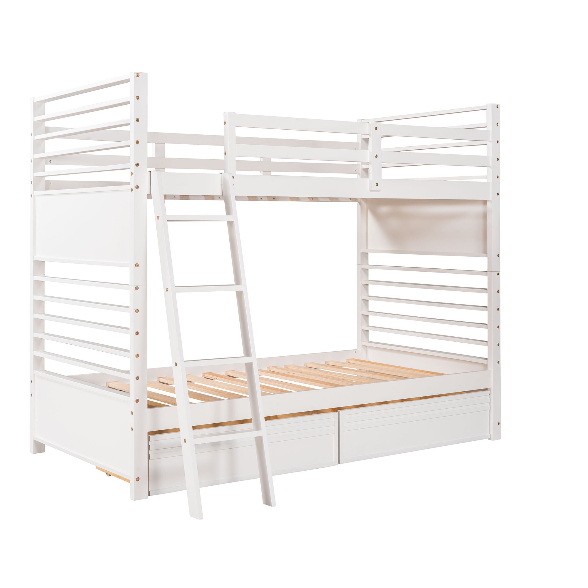 Twin Over Twin Wood Bunk Bed With Two Drawers - White