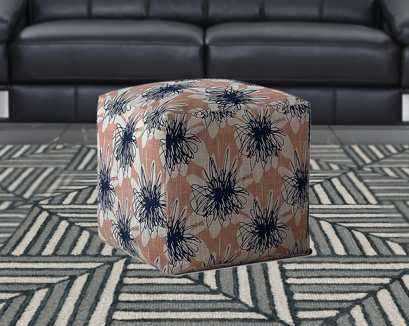 Canvas Floral Pouf Cover - Pink / Blue