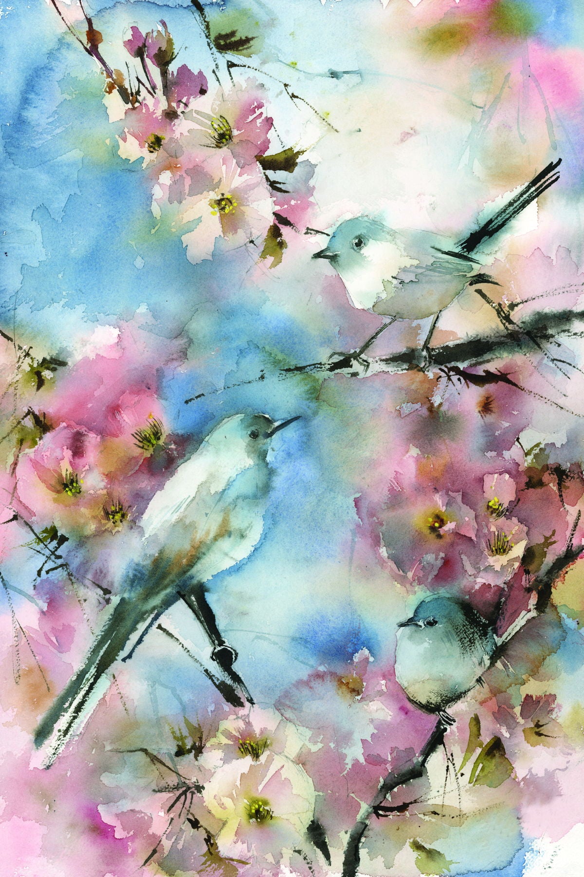 Framed Small - Blue Bird In Cherry Blossoms By Sophia Rodinov - Blue