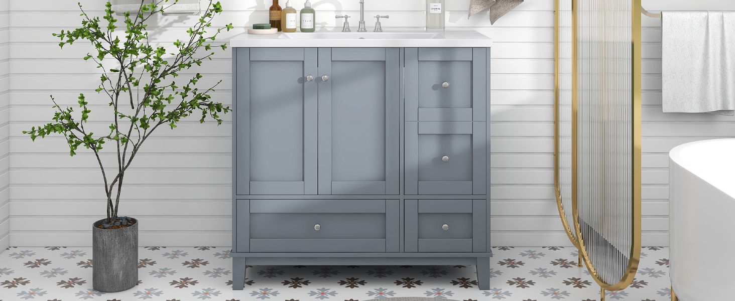 Modern Bathroom Vanity With USB Charging, Two Doors And Three Drawers Bathroom Storage Vanity Cabinet With Single Top, Small Bathroom Vanity Cabinet With Sink - White / Gray Blue