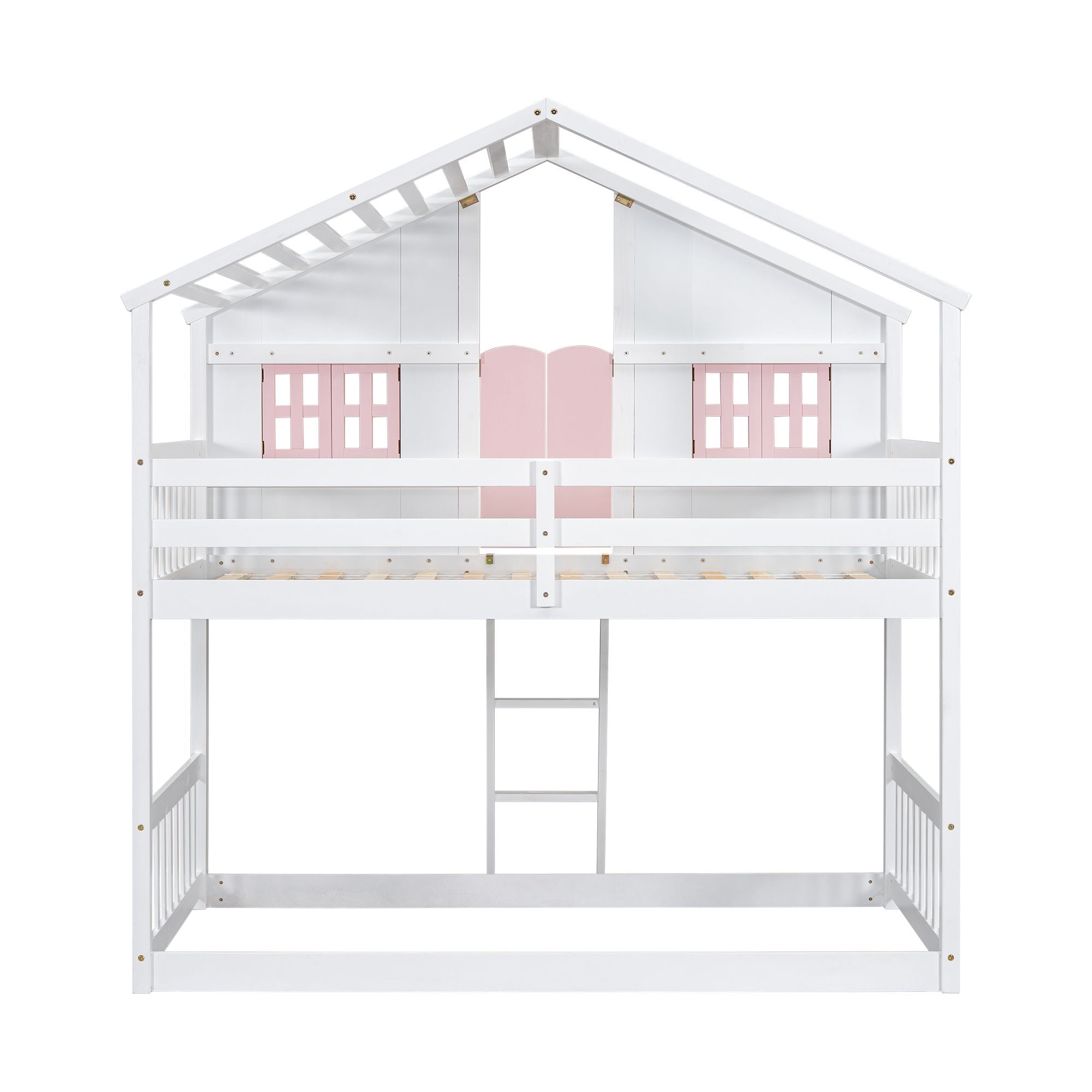 House Bunk Bed With Roof, Window, Window Box, Door, With Safety Guardrails And Ladder