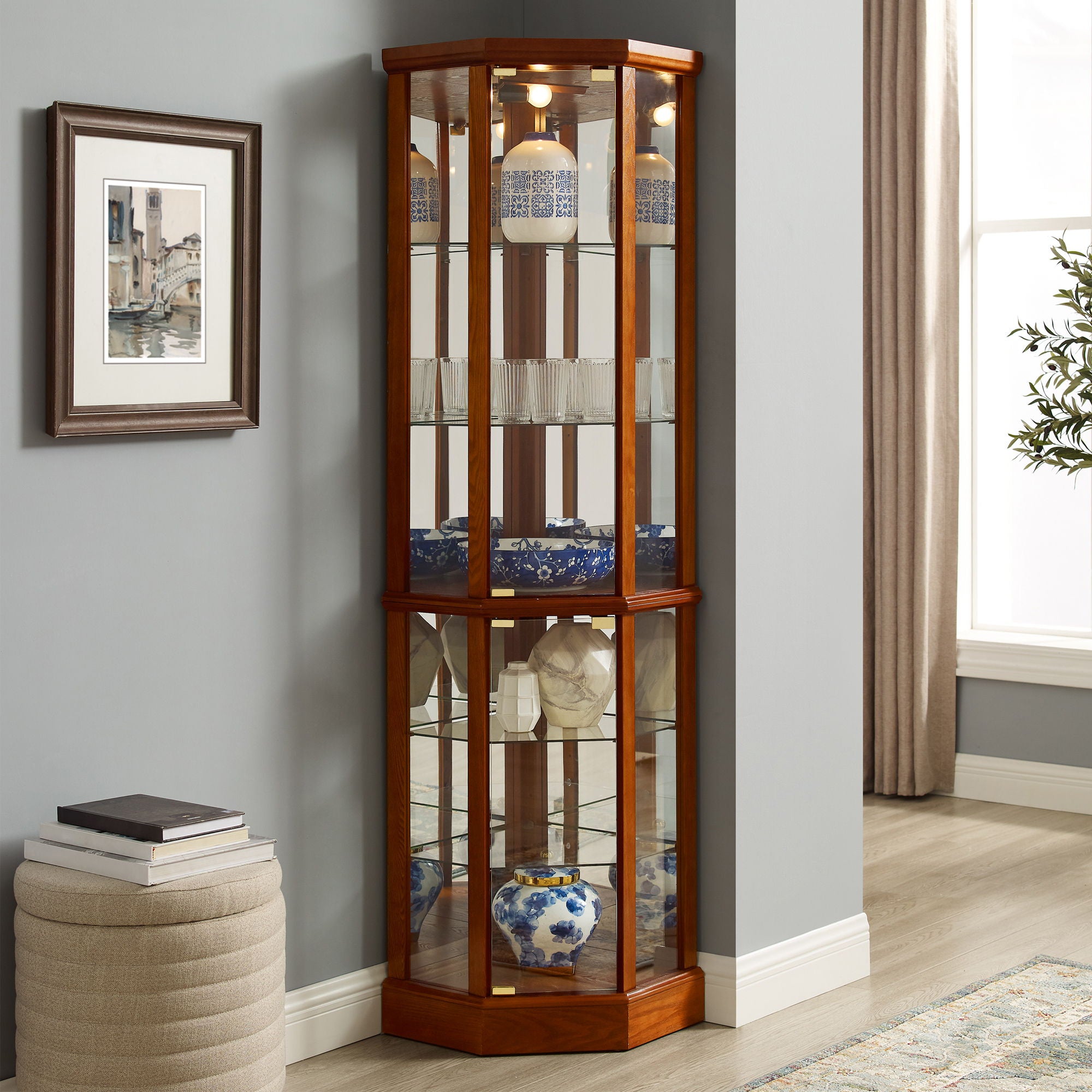 6 Shelf Lighted Corner Curio Cabinet With Adjustable Tempered Glass Shelves And Mirror Back (E26 Light Bulb Not Included)