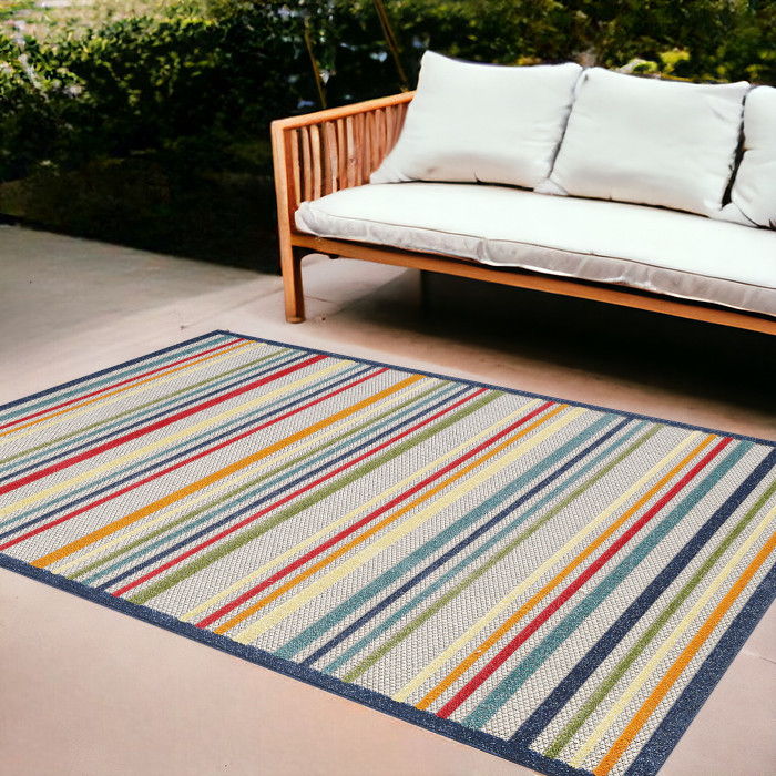 8' X 10' Striped Stain Resistant Indoor / Outdoor Area Rug - Ivory / Blue