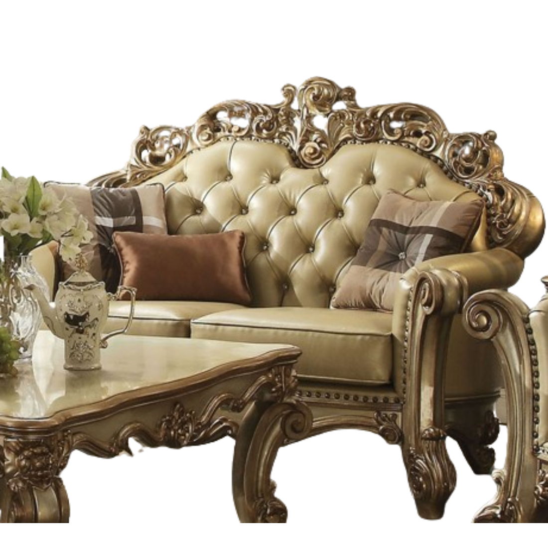 Faux Leather Loveseat - Bone / Gold