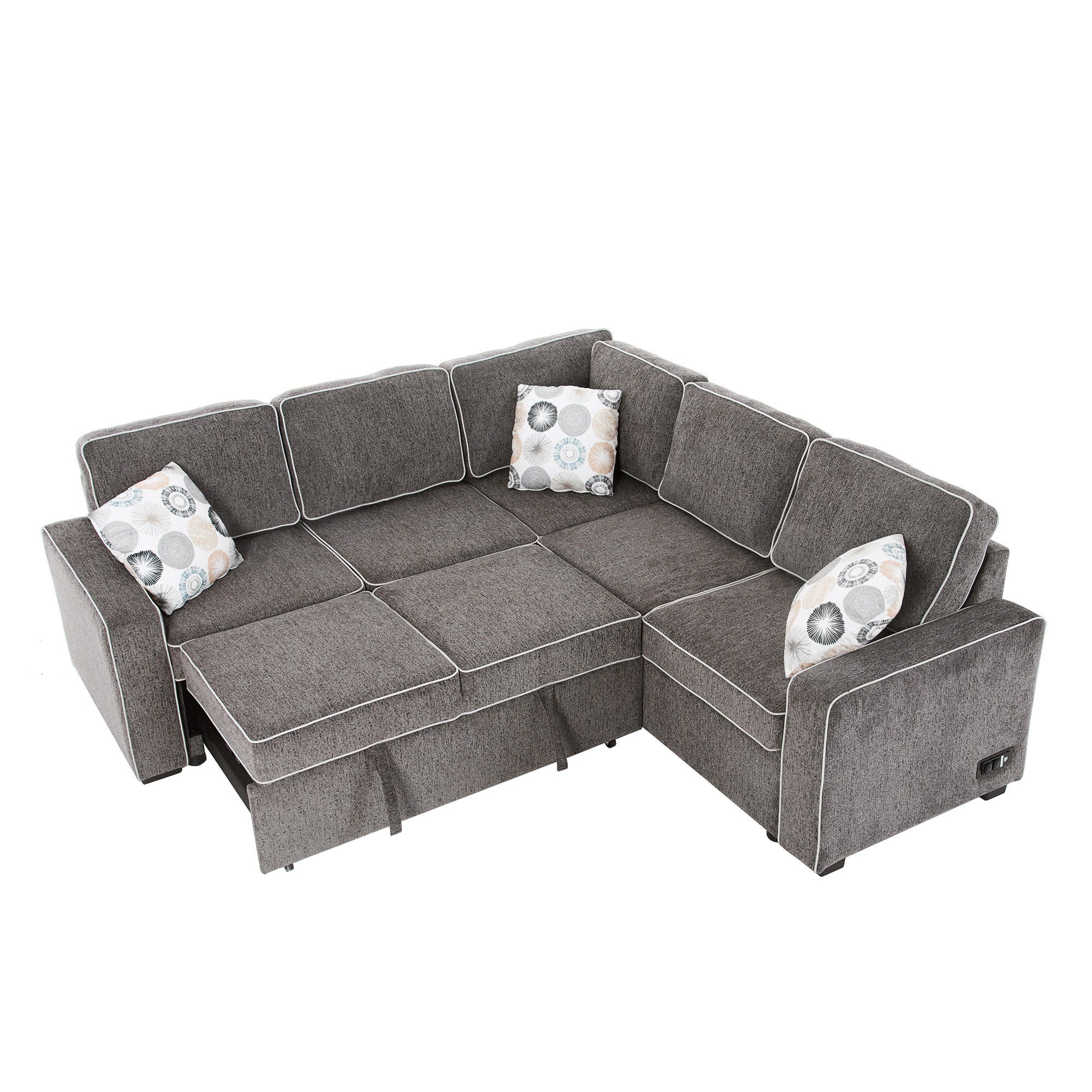 L-Shaped Pull Out Sofa Bed Modern Convertible Sleeper Sofa With 2 USB Ports, 2 Power Sockets And 3 Pillows For Living Room