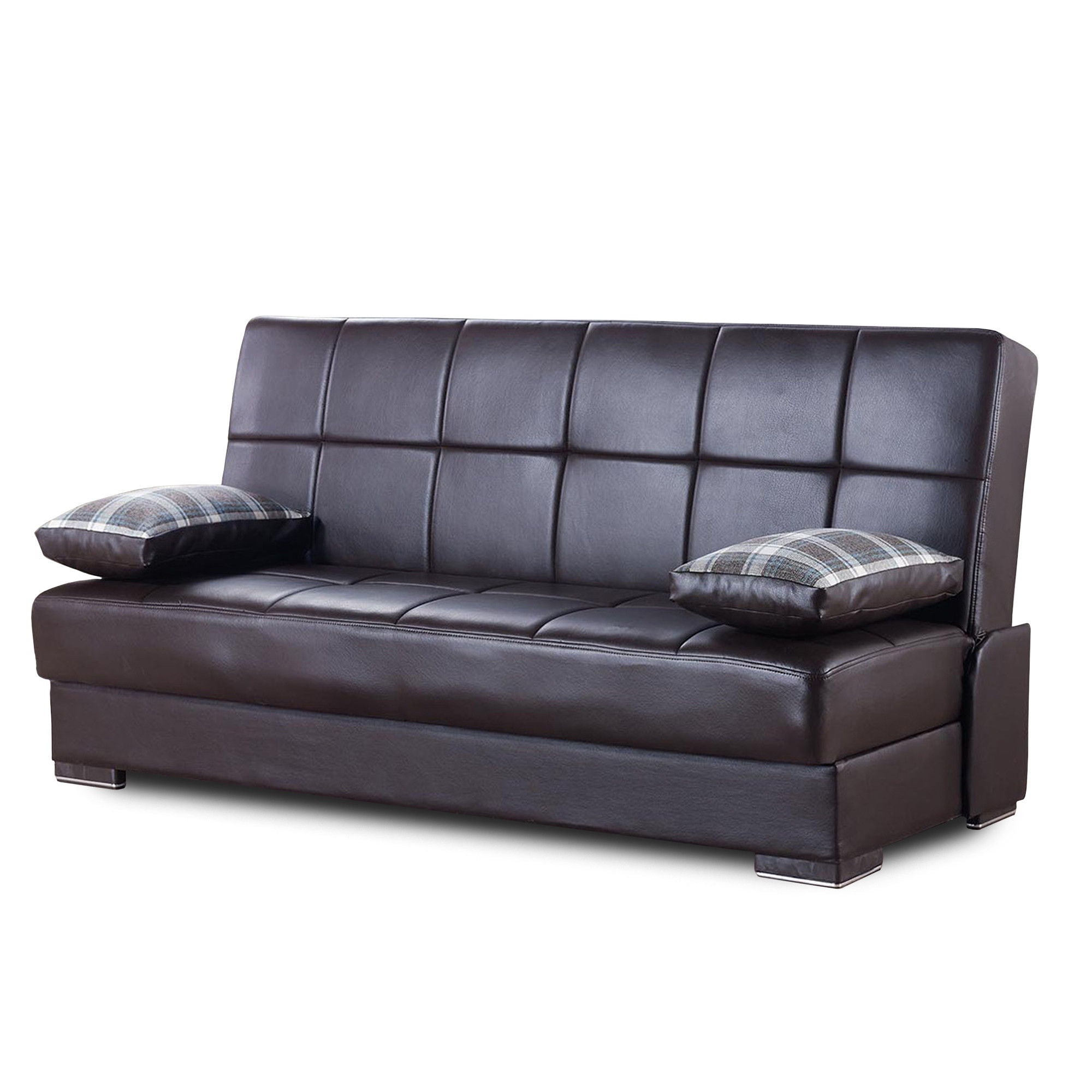 Sleeper Sofa Faux Leather And Toss Pillows With Brown Legs - Dark Brown