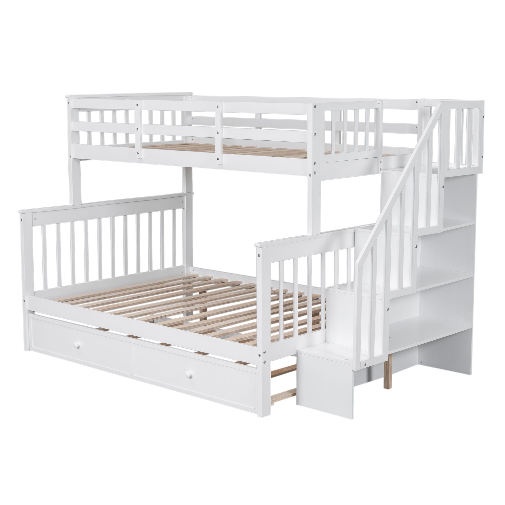 Stairway Bunk Bed With Twin Size Trundle, Storage And Guard Rail For Bedroom, Dorm