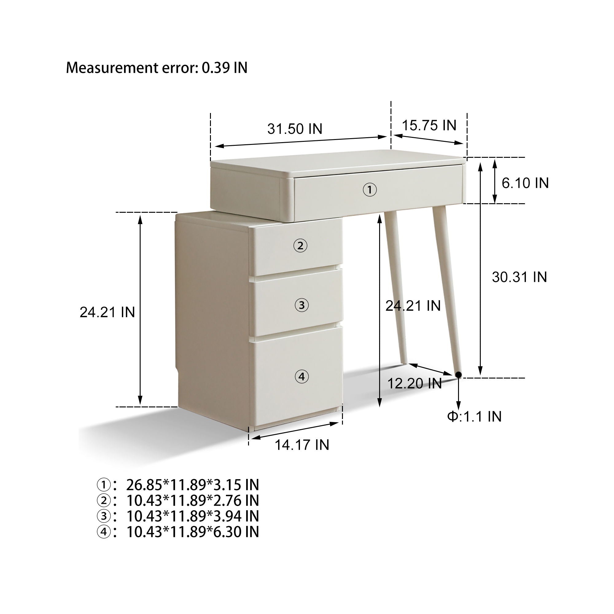 Table Dresser Without Mirror, Compact Dresser Accessories Storage Drawer - White